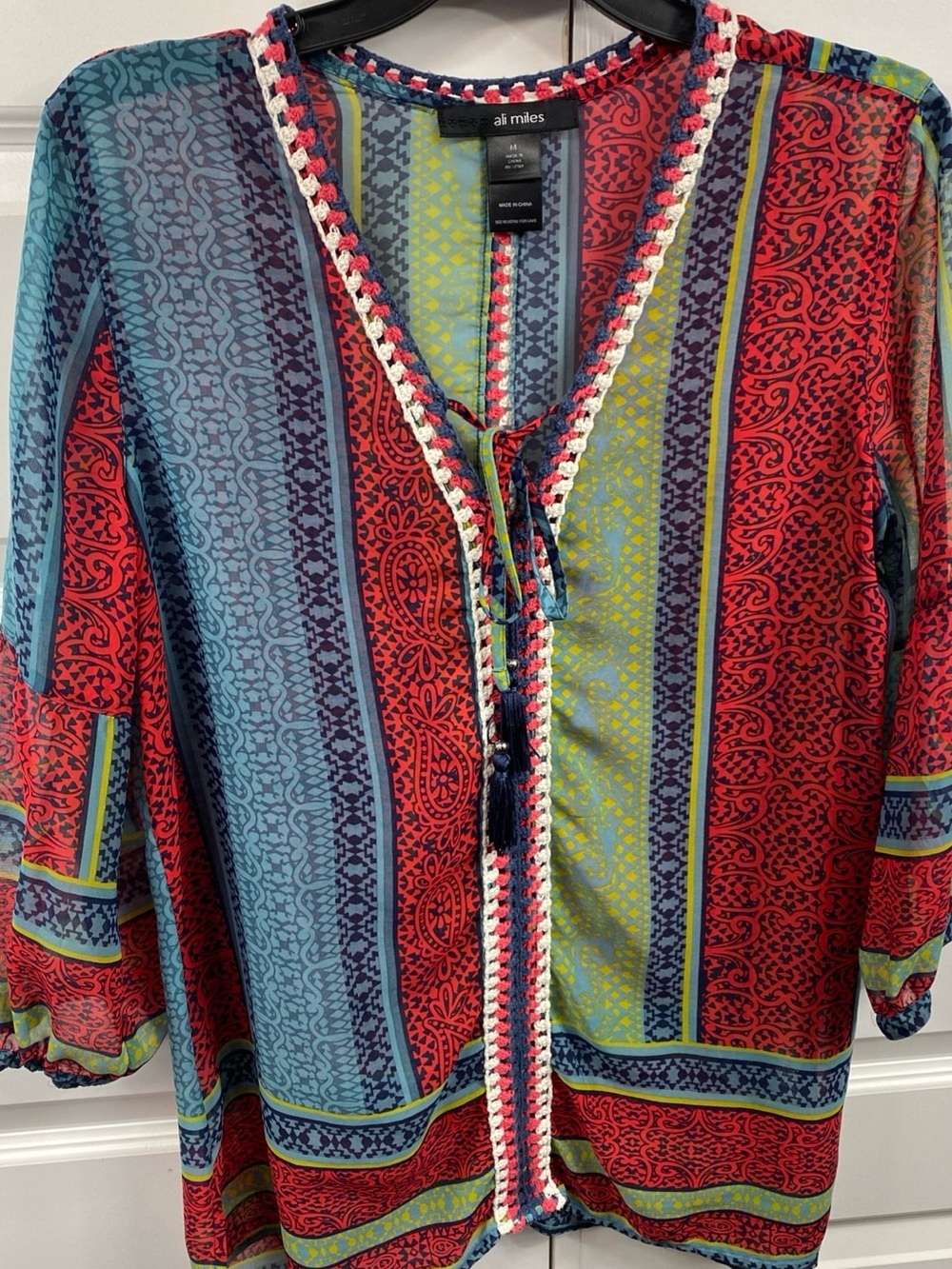 Ali Miles Sheer Mesh Blouse 3/4 Sleeve Boho Bohemian Vibes Aztec Tassels Mediu